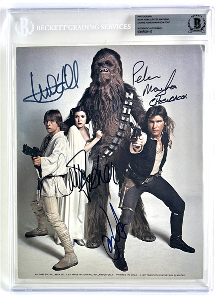Star Wars Terrific Cast Signed 8" x 10" Promo Photo for "A New Hope" with Ford, Fisher, Hamill & Mayhew (Beckett/BAS Encapsulated & K9 Autographs)