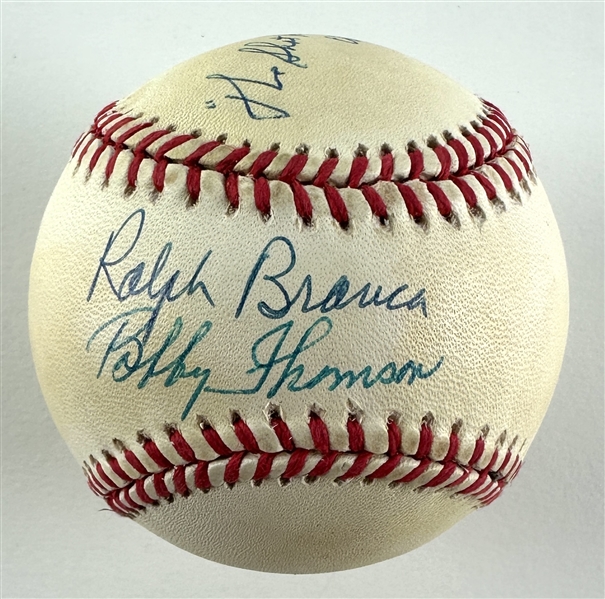 1951 NL Pennant: Ralph Brance & Bobby Thomson Dual Signed ONL Baseball with "The Shot Heard Round The World" Inscription (Third Party Guaranteed)