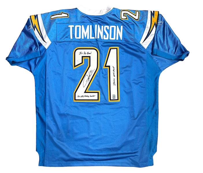 Ladanian Tomlinson Signed San Diego Chargers Game Model Jersey with Handwritten Career Statistics (LT Hologram)