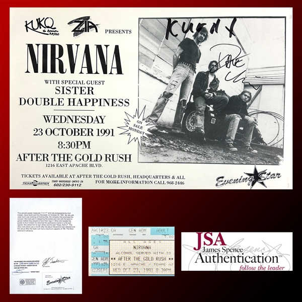 Nirvana ULTRA RARE Group Signed Concert Poster for 10/23/1991 Show in Tempe AZ with Superb Provenance & Original Ticket (JSA LOA)