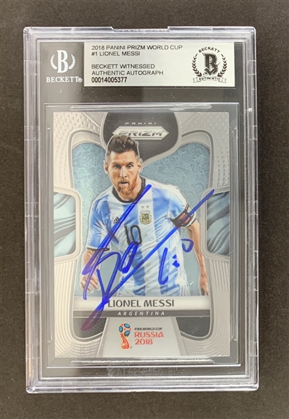 Leo Messi Signed Prizm 2018 World Cup Soccer #1 Card (Beckett/BAS Witnessed & Encapsulated)