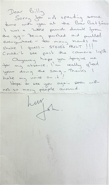 The Who: John Entwistle Handwritten Letter to Billy Squier with Good Content (Entwistle Foundation LOA)(Third Party Guaranteed)