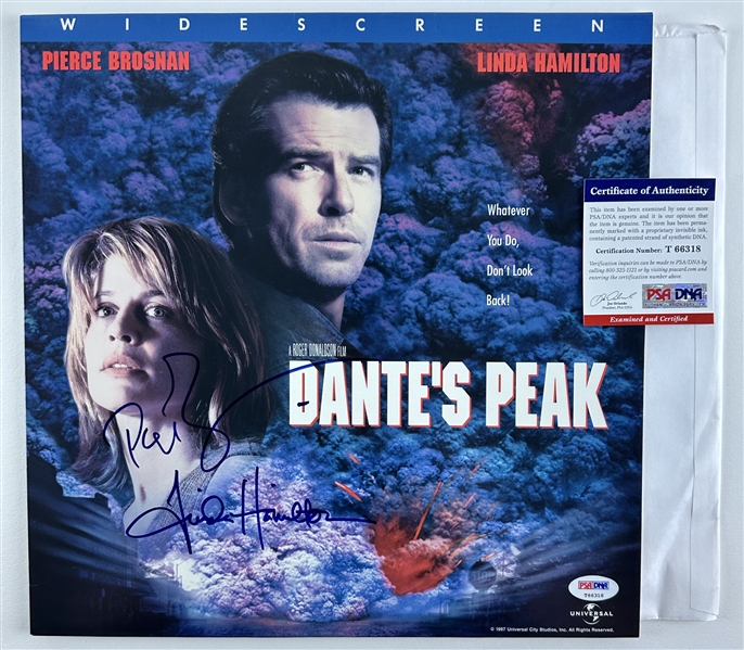 Pierce Brosnan & Linda Hamilton Signed "Dantes Peak" Laserdisc Cover (PSA/DNA)