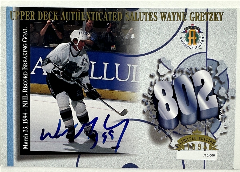 Wayne Gretzky Signed 1994 Upper Deck 802 Commemorative 4" x 6" Card (Third Party Guaranteed)