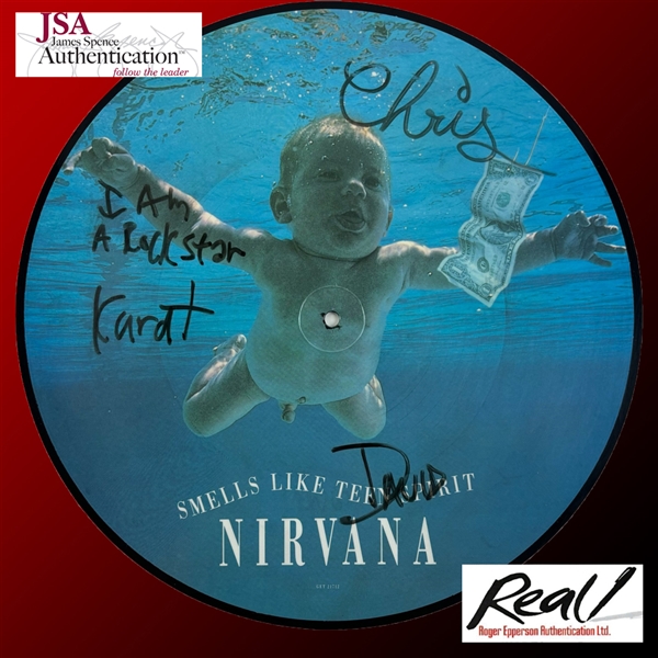 Nirvana: Cobain, Novoselic, & Grohl Group Signed "Smells Like Teen Spirit" Picture Disc (JSA LOA)(Epperson/REAL)(ACOA LOA)