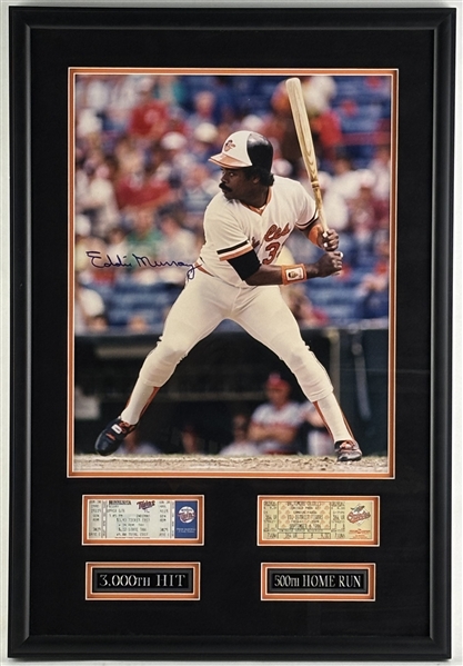 Eddie Murray Signed 16" x 20" Photo w/ 3000th Hit & 500th Home Run Game Tickets in Framed Display (Third Party Guaranteed)