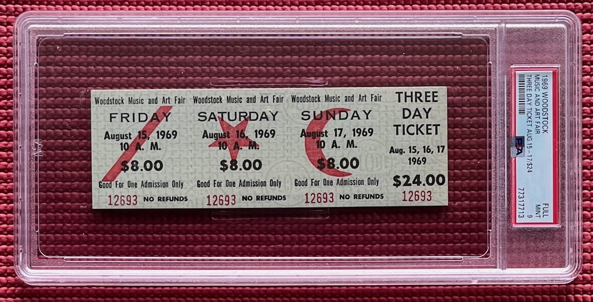 Original 1969 Woodstock Three Day Ticket Graded Mint 9! (PSA/DNA Encapsulated)
