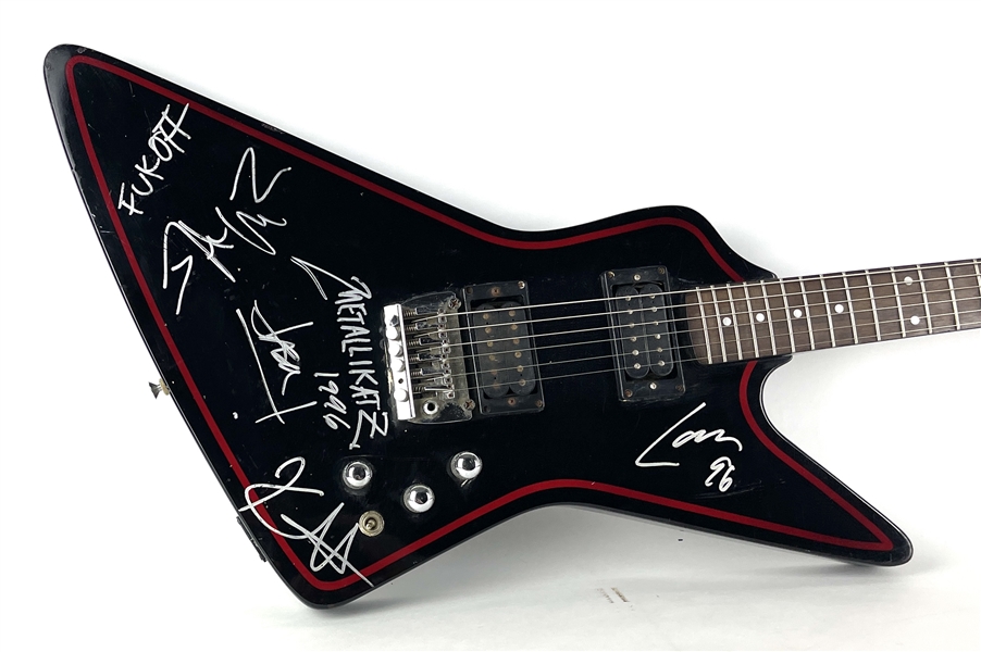 Metallica Awesome Group Signed Explorer Style Electric Guitar with RARE On-The-Body Autographs! (Steve Grad Collection)(Beckett/BAS LOA)