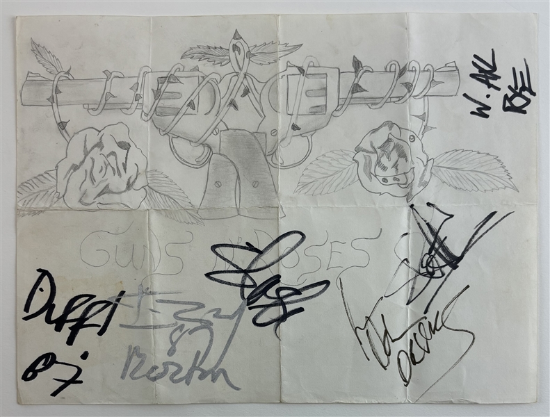 Guns N Roses: Fully Group Signed 9" x 12" Fan Art w/ Early Autographs! (5 Sigs)(Epperson/REAL)