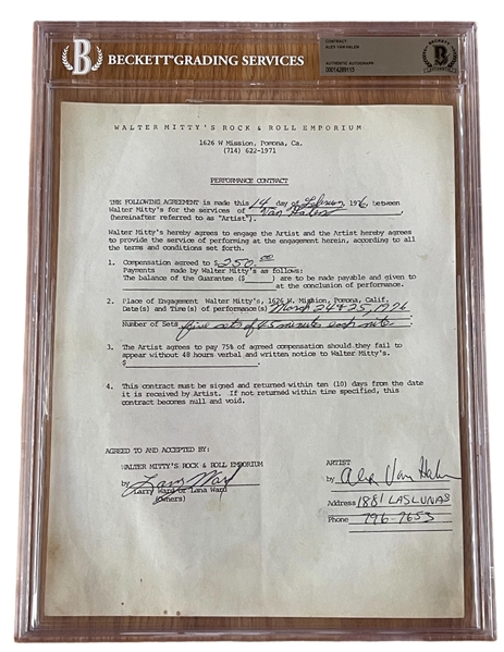 Van Halen Rare & Historic Performance Contract for Walter Mittys Night Club in Pomona (CA) Signed by Alex (Beckett/BAS Encapsulated)