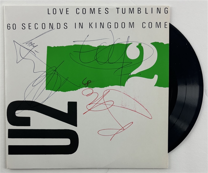 U2: Fully Group Signed "Love Comes Tumbling" 45 RPM Cover w/ Vinyl (Epperson/REAL)