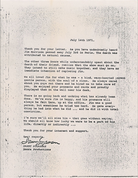 The Doors: Jim Morrison Fan Mail Correspondence RE: Jims Death