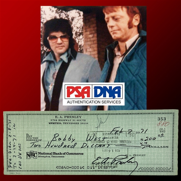 Elvis Presley Rare Handwritten and Signed Bank Check to Memphis Mafia Member Bobby "Red" West & Endorsed by West & Joe Esposito! (PSA/DNA LOA)