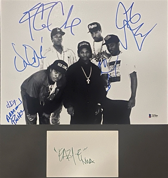 N.W.A. Group Signed Lot with 11" x 14" Color Photo & Eazy-E Signed 3" x 5" Index Card (Beckett/BAS, PSA/DNA & JSA LOAs)