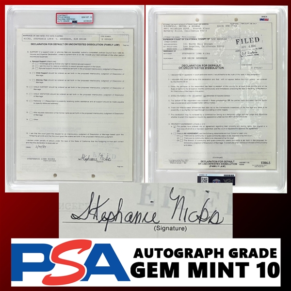 Fleetwood Mac: Stevie Nicks Official Divorce Petition from Kim Anderson - Her Only Marriage - With GEM MINT 10 Autograh (PSA/DNA Encapsulated)
