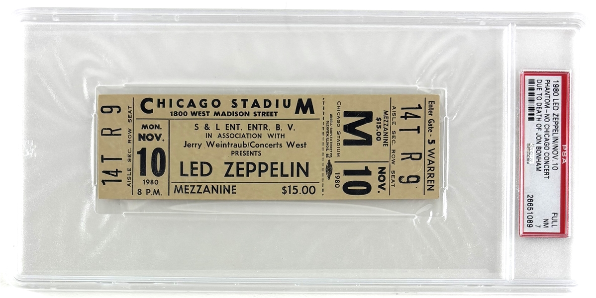 Led Zeppelin "Phantom" Concert Ticket - Nov 10, 1980 @ Chicago Stadium - Cancelled Due to Death of John Bonham (PSA 7)