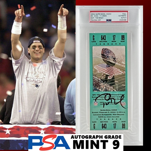 Tom Brady 2002 1st Super Bowl XXXVI Signed Ticket! (PSA/DNA Grade 9) (PSA/DNA Encapsulated)