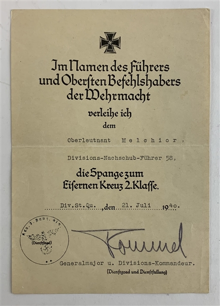 Erwin Rommel Signed 5.5" x 8" German Certificate (JSA LOA)