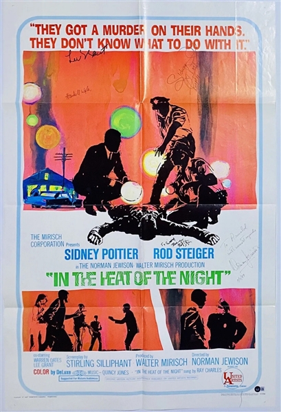 Exceedingly Rare "In the Heat of the Night" Cast Signed Full Sized Poster w/ Poitier, Steiger, & More! (5 Sigs)(Beckett/BAS)