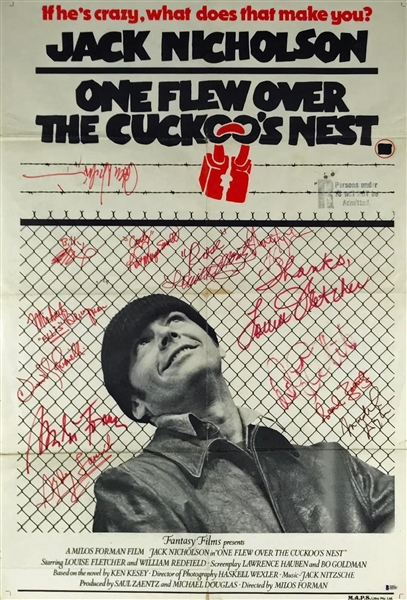 Impressive Cast Signed Original Full Size "One Flew Over The Cuckoos Nest" Poster w/ Nicholson, DeVito, & More! (13 Sigs)(Beckett/BAS)