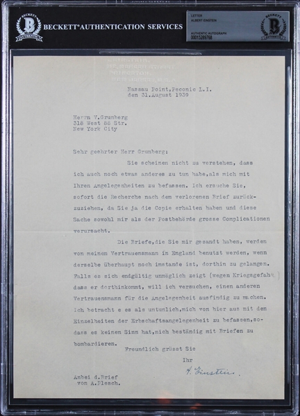 Albert Einstein Superb Signed 1939 Letter with "Impending War" Reference - Penned The Day Before The Nazis Invaded Poland! (Beckett/BAS Encapsulated)