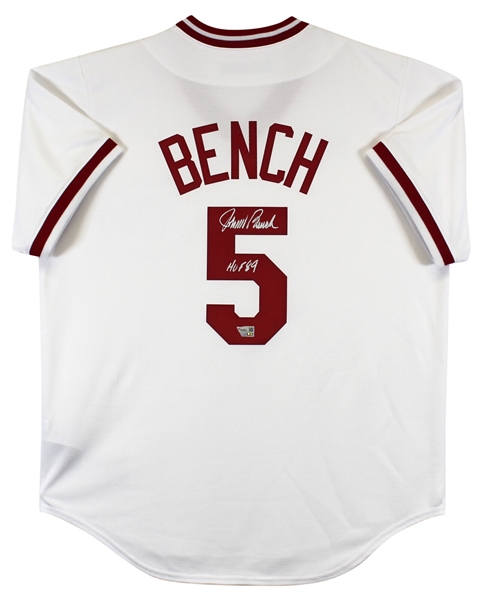 Johnny Bench Signed Cincinnati Reds Cooperstown Collection Jersey with "HOF 89" Inscription (Fanatics)