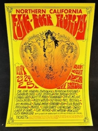 Unsigned 1969 Folk-Rock Festival Poster Featuring featured The Jimi Hendrix Experience, Jefferson Airplane & More! 