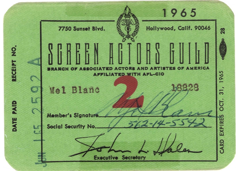 Mel Blanc Signed 1965 Screen Actors Guild Membership Card (PSA/DNA)