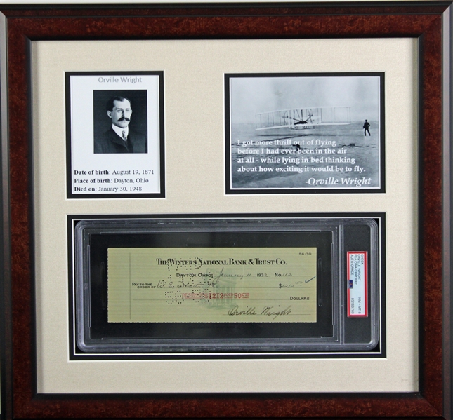Orville Wright Signed Check w/ NM-MT 8 Auto in Framed Aviation Display (PSA/DNA Encapsulated)