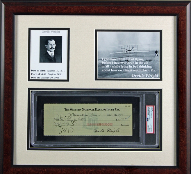 Orville Wright Signed Bank Check in Custom Framed Display (PSA/DNA Encapsulated)