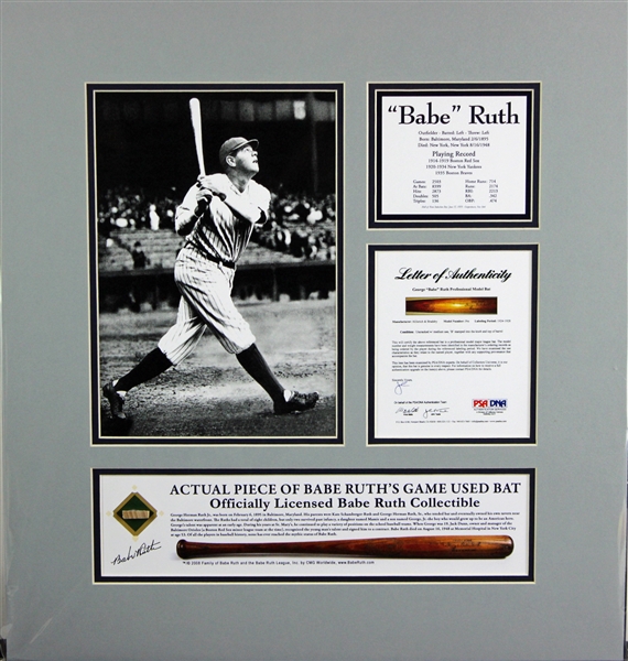 Babe Ruth 19" x 20" Custom Matted Game-Used Baseball Bat Piece Yankees Display (PSA)