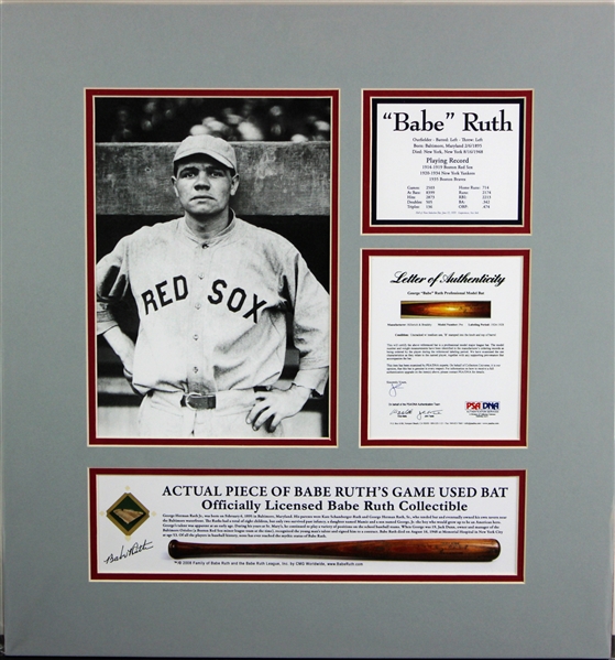Babe Ruth 19" x 20" Custom Matted Game-Used Baseball Bat Piece Red Sox Display (PSA)
