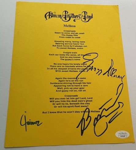 The Allman Brothers: Group Signed "Melissa" Lyric Sheet (3 Sigs)(JSA)