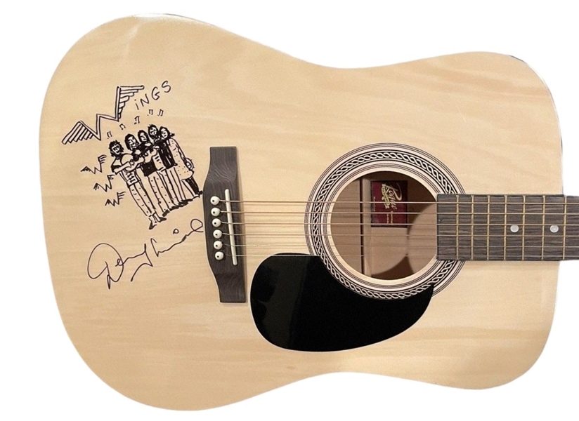 Wings: Denny Laine Uniquely Signed & Played Acoustic Guitar with Detailed Hand Drawn "Wings" Sketch (JSA LOA & Photo Proof!)