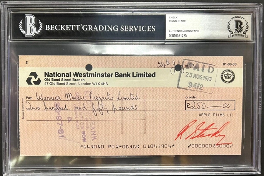 Beatles: Ringo Starr Signed 1972 Business Check (Beckett/BAS Encapsulated & LOA)
