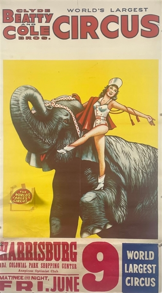 Original Clyde Beatty & Cole Bros. Traveling Circus Poster (circa 1950s) Harrisburg, PA Show