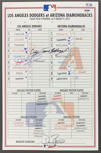 Cody Bellinger (NL ROY) & Dave Roberts Signed & Game Used August 9th, 2017 Lineup Card (MLB Holo)(PSA/DNA)