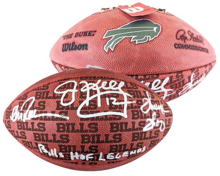 Bills HOF Legends Signed NFL Leather Showcase Model Football with Kelly, Thomas & Reed (Beckett/BAS Witnessed)