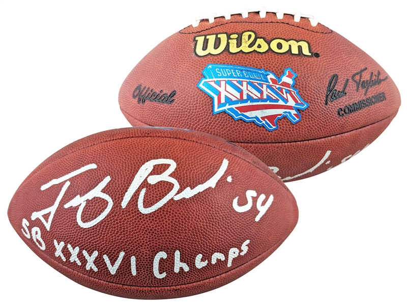 Tedy Bruschi Signed & Inscribed Super Bowl XXXVI Leather Game Model Football (Beckett/BAS Witnessed)