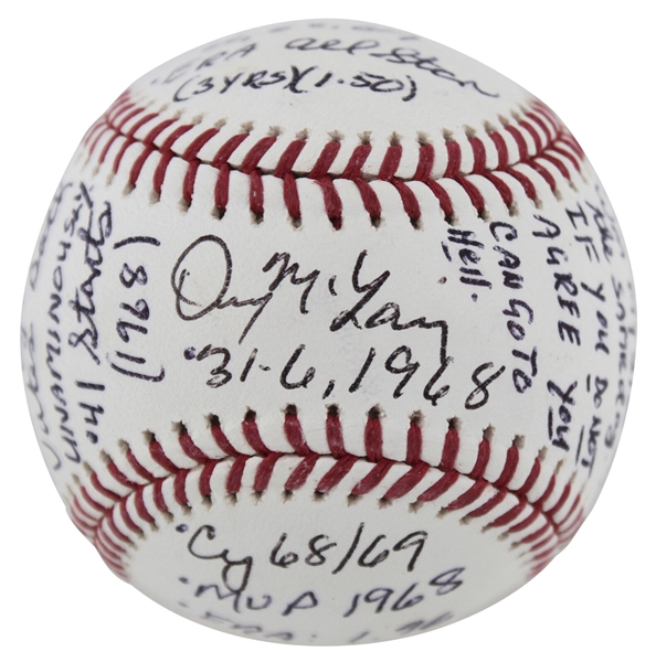 Denny McLain "Career Stat Mantle Story Signed OML Baseball (PSA/DNA) 