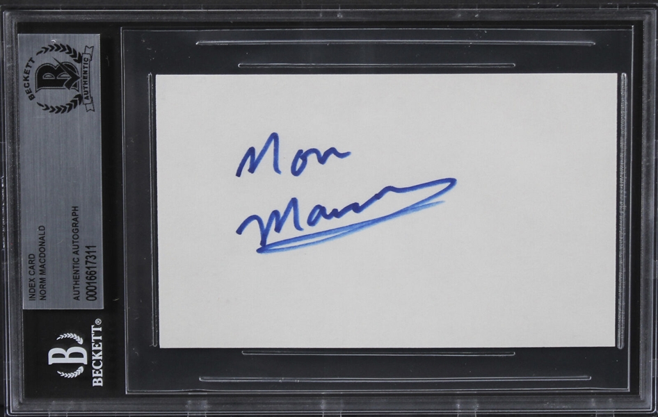 SNL: Norm Macdonald Signed 3" x 5" Index Card (Beckett/BAS Encapsulated)