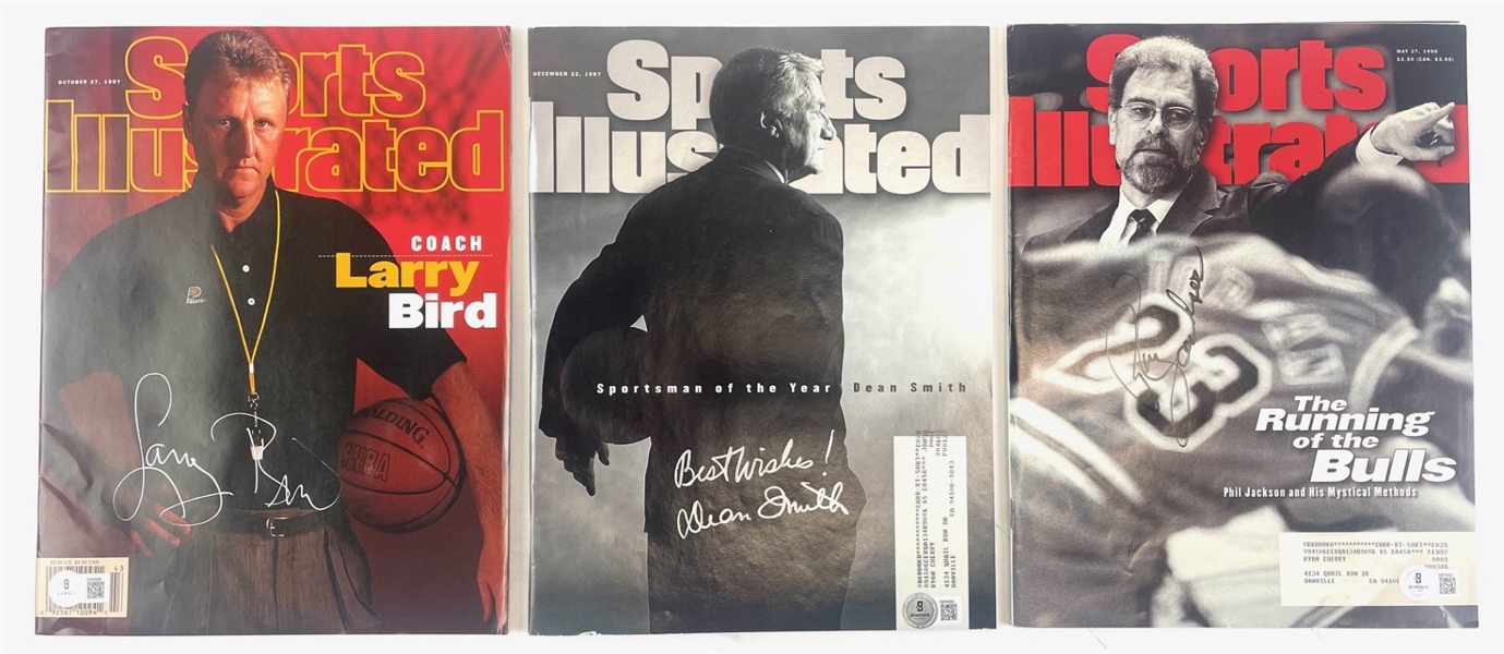 Lot of 3: Signed Sports Illustrated Magazines including Larry Bird, Phil Jackson, and Dean Smith (Beckett/BAS)