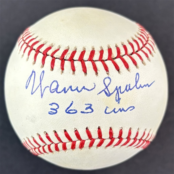Warren Spahn Single Signed Rawlings ONL Baseball with "363 Wins" Inscription(Third Party Guaranteed)