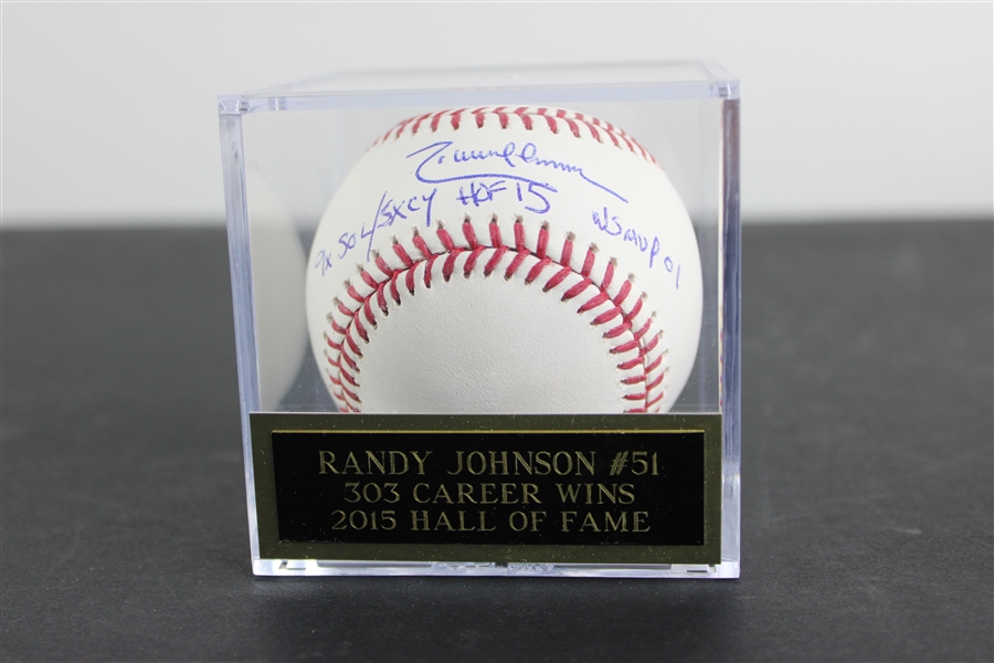 Randy Johnson Signed & Stat Inscribed OML Baseball (JSA)