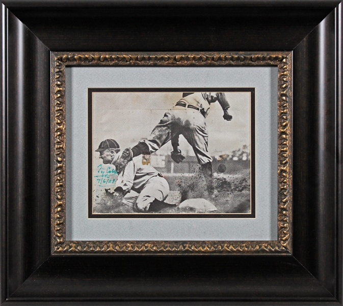 Ty Cobb 1958 Signed 7" x 9" Newspaper Photo in Framed Display featuring Famed Charles Conlon Sliding Into Third Image! (Beckett/BAS)(JSA)(PSA/DNA)