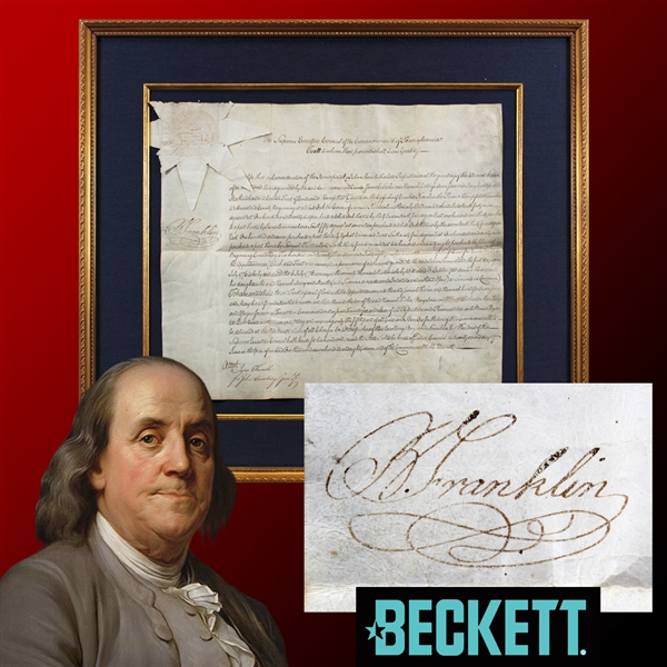 Benjamin Franklin Superbly Signed 1787 Pennsylvania Land Grant in Custom Framed Display (Beckett/BAS LOA)