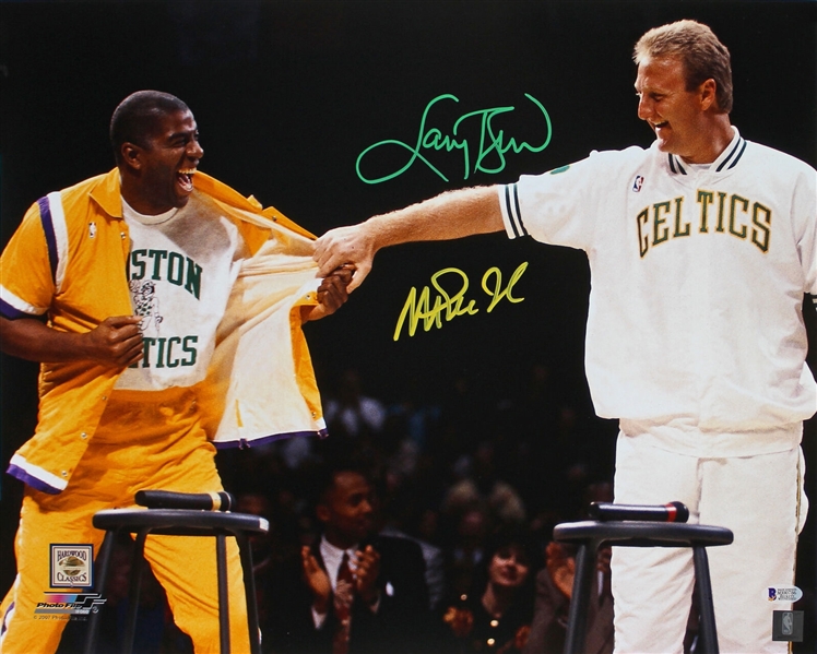 Magic Johnson & Larry Bird Dual Signed 16" x 20" Color Photo (Beckett/BAS Witnessed)