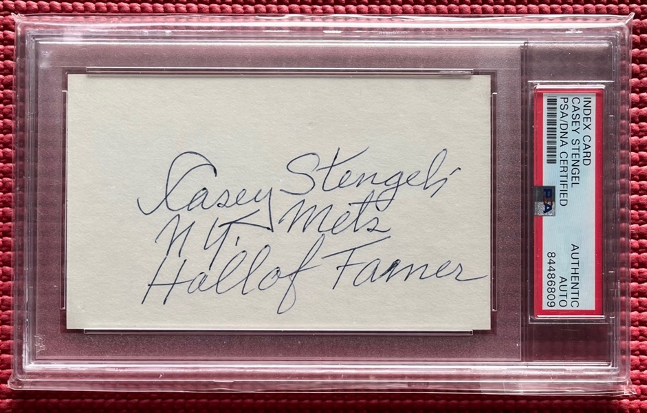 Casey Stengel Signed & HOF Inscribed Index Card (PSA/DNA Encapsulated)