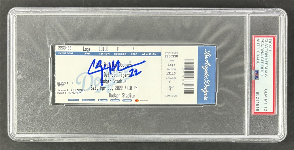 Clayton Kershaw Signed Dodgers Ticket for 4-30-2022 Game vs Tigers - Kershaw Becomes Dodgers All-Time Strikeout Leader! Gem Mint 10 Auto! (PSA/DNA Encapsulated)