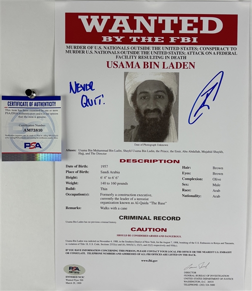 U.S. Navy Seal Robert ONeill Signed Osama Bin Laden FBI Wanted Document (PSA/DNA)